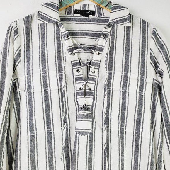 Sanctuary Staycation Twilight Hi-Low Vertical Stripe Pocket Linen Blend Dress, M - Picture 7 of 12